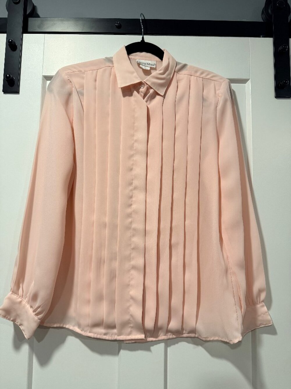 Vintage Laura Mae Light Pink Pleated Front Polyester Blouse Size 12